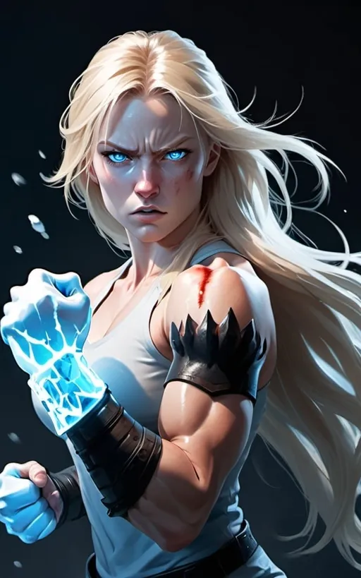 Prompt: Female figure. Greater bicep definition. Sharper, clearer blue eyes. Nosebleed. Long Blonde hair flapping. Frostier, glacier effects. Fierce combat stance. Raging Fists. Icy Knuckles. 