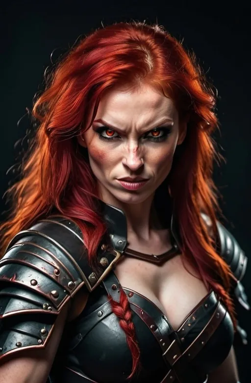 Prompt: Evil red-haired warrior woman with a mischievous grin. Carmine, red eyes. Fierce combat stance.