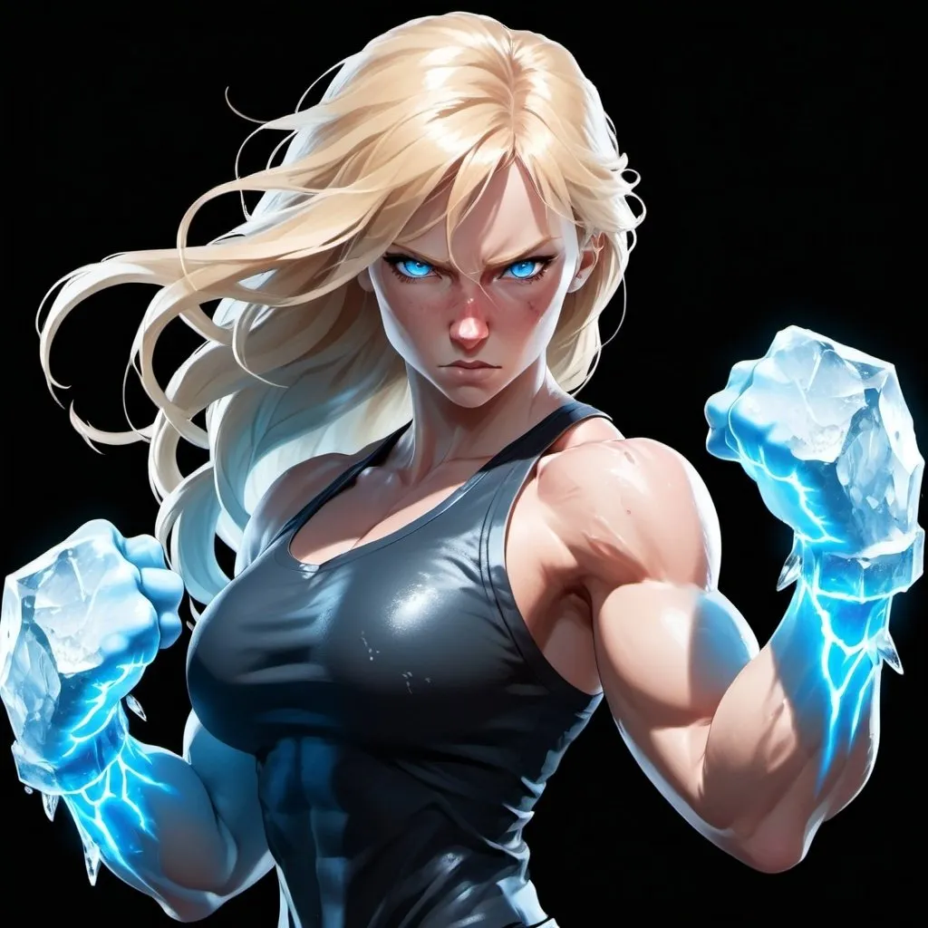 Prompt: Female figure. Greater bicep definition. Sharper, clearer blue eyes. Nosebleed. Long Blonde hair flapping. Frostier, glacier effects. Fierce combat stance. Raging Fists. Icy Knuckles. 