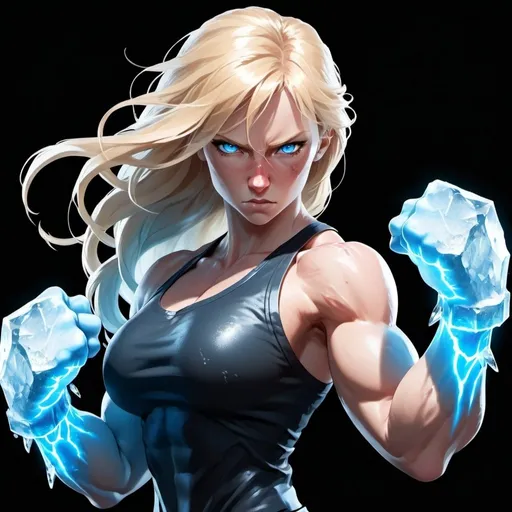 Prompt: Female figure. Greater bicep definition. Sharper, clearer blue eyes. Nosebleed. Long Blonde hair flapping. Frostier, glacier effects. Fierce combat stance. Raging Fists. Icy Knuckles. 