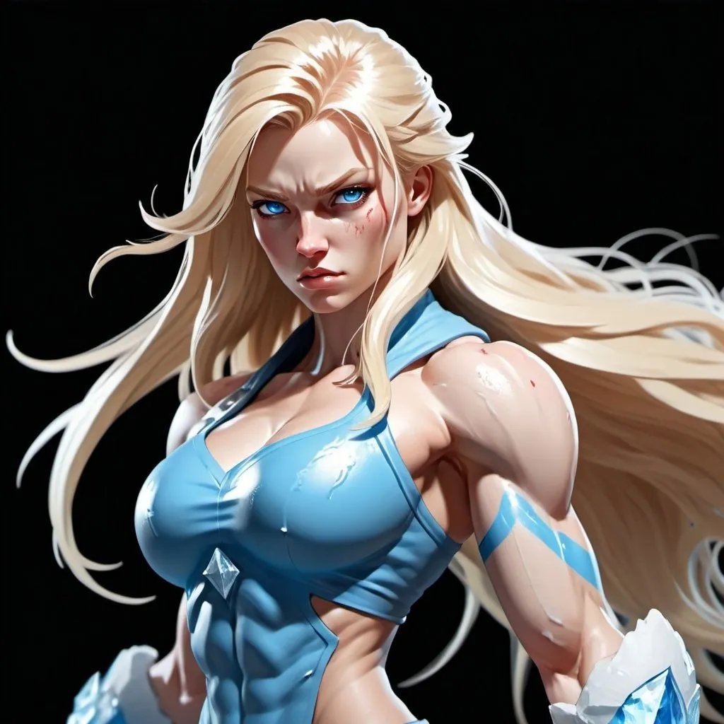 Prompt: Female figure. Greater bicep definition. Sharper, clearer blue eyes. Bleeding. Long Blonde hair flapping. Frostier, glacier effects. Fierce combat stance. Icy Knuckles. 