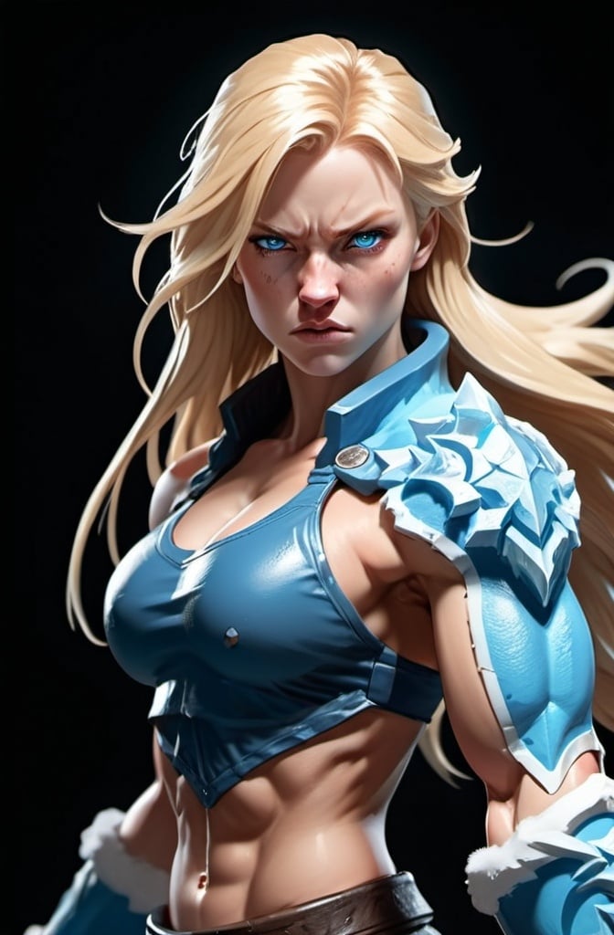 Prompt: Female figure. Greater bicep definition. Sharper, clearer blue eyes. Nosebleed. Long Blonde hair flapping. Frostier, glacier effects. Fierce combat stance. Raging Fists. Icy Knuckles.