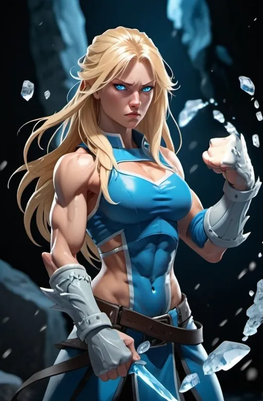 Prompt: Female figure. Greater bicep definition. Sharper, clearer blue eyes. Nosebleed. Long Blonde hair flapping. Frostier, glacier effects. Fierce combat stance. Raging Fists. Icy Knuckles. 