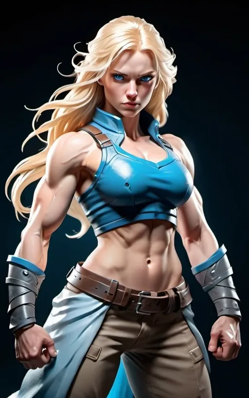 Prompt: Female figure. Greater bicep definition. Sharper, clearer blue eyes. Long Blonde hair flapping. Frostier, glacier effects. Fierce combat stance. Hand on hip. 