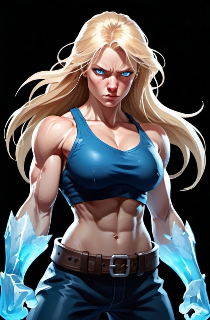 Prompt: Female figure. Greater bicep definition. Sharper, clearer blue eyes. Nosebleed. Long Blonde hair flapping. Frostier, glacier effects. Fierce combat stance. Raging Fists. Icy Knuckles. 