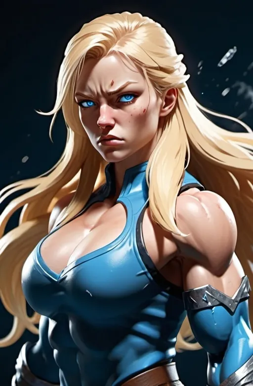 Prompt: Female figure. Greater bicep definition. Sharper, clearer blue eyes. Nosebleed. Long Blonde hair flapping. Frostier, glacier effects. Fierce combat stance. Raging Fists. Icy Knuckles.