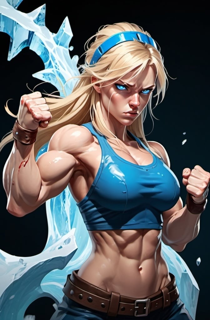 Prompt: Female figure. Greater bicep definition. Sharper, clearer blue eyes. Bleeding. Long Blonde hair flapping. Frostier, glacier effects. Fierce combat stance. Raging Fists. Icy Knuckles. 