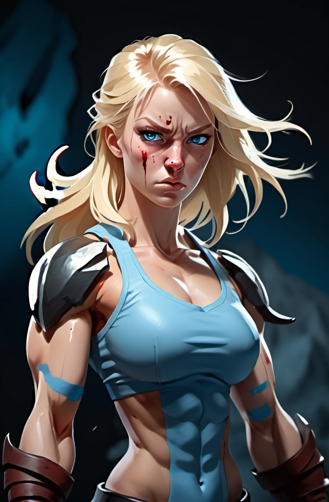 Prompt:  Female figure. Greater bicep definition. Sharper, clearer blue eyes. Blonde hair  flapping. Nose bleed. Frostier, glacier effects. Fierce combat stance. Raging Fists. 