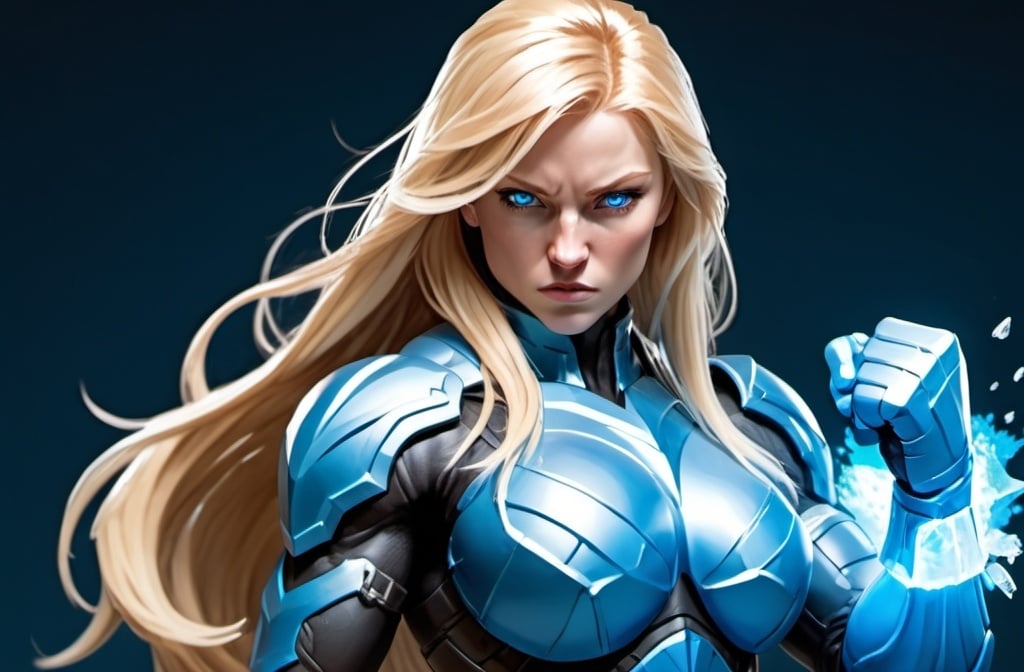 Prompt: Female figure. Greater bicep definition. Sharper, clearer blue eyes. Nosebleed. Long Blonde hair flapping. Frostier, glacier effects. Fierce combat stance. Raging Fists. Icy Knuckles. Blue armor suit.