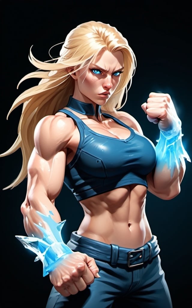 Prompt: Female figure. Greater bicep definition. Sharper, clearer blue eyes. Nosebleed. Long Blonde hair flapping. Frostier, glacier effects. Fierce combat stance. Raging Fists. Icy Knuckles.