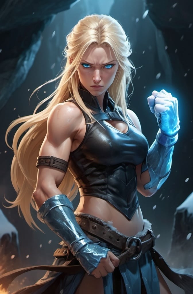 Prompt: Female figure. Greater bicep definition. Sharper, clearer blue eyes. Nosebleed. Long Blonde hair flapping. Frostier, glacier effects. Fierce combat stance. Raging Fists. Icy Knuckles.