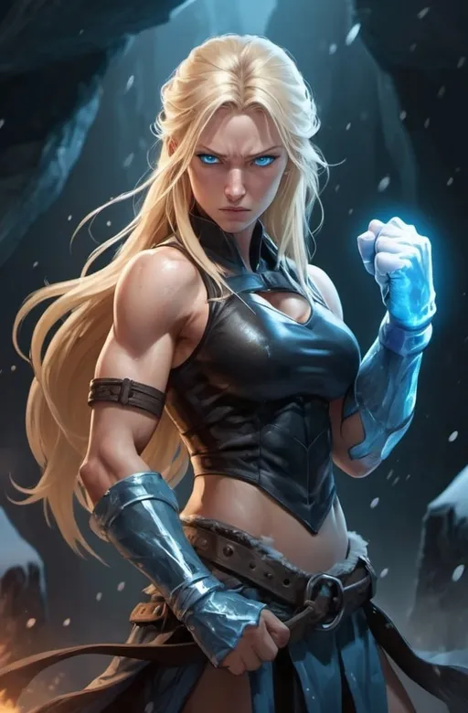 Prompt: Female figure. Greater bicep definition. Sharper, clearer blue eyes. Nosebleed. Long Blonde hair flapping. Frostier, glacier effects. Fierce combat stance. Raging Fists. Icy Knuckles.