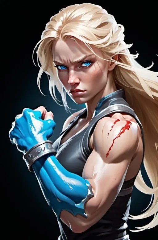 Prompt: Female figure. Greater bicep definition. Sharper, clearer blue eyes. Bleeding. Long Blonde hair flapping. Frostier, glacier effects. Fierce combat stance. Icy Knuckles.