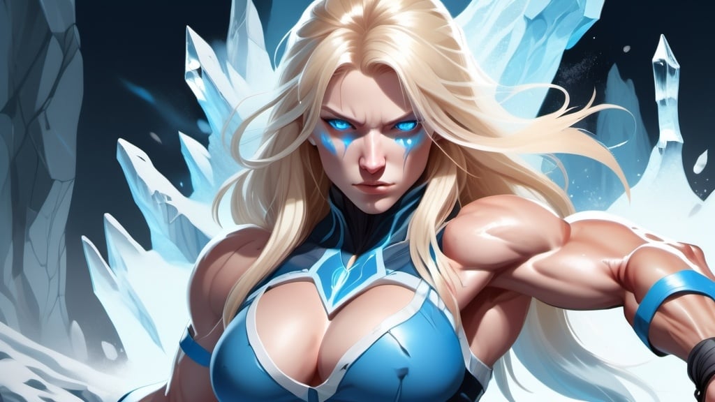 Prompt: Female figure. Greater bicep definition. Sharper, clearer blue eyes. Nosebleed. Long Blonde hair flapping. Frostier, glacier effects. Fierce combat stance. Raging Fists. Icy Knuckles.