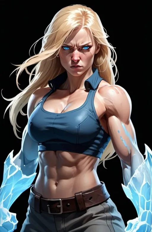 Prompt: Female figure. Greater bicep definition. Sharper, clearer blue eyes. Nosebleed. Long Blonde hair flapping. Frostier, glacier effects. Fierce combat stance. Raging Fists. 