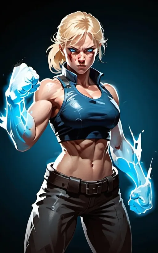 Prompt:  Female figure. Greater bicep definition. Sharper, clearer blue eyes. Blonde hair  flapping. Nose bleed. Frostier, glacier effects. Fierce combat stance. Raging Fists. 