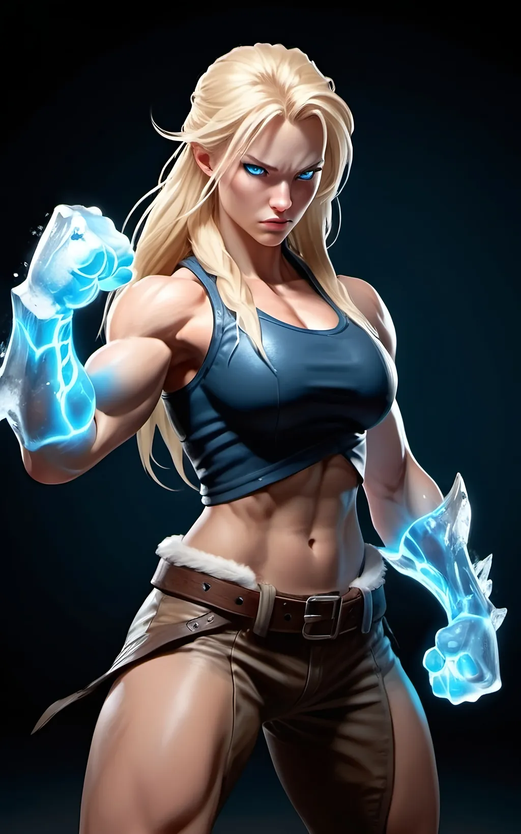 Prompt: Female figure. Greater bicep definition. Sharper, clearer blue eyes. Long Blonde hair flapping. Frostier, glacier effects. Fierce combat stance. Icy Knuckles. Raging Fists.