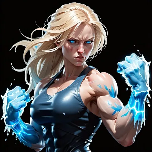Prompt: Female figure. Greater bicep definition. Sharper, clearer blue eyes. Nosebleed. Long Blonde hair flapping. Frostier, glacier effects. Fierce combat stance. Icy Knuckles. Enraged.