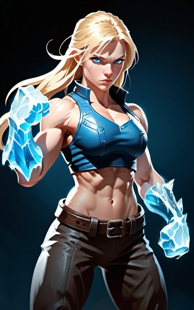 Prompt: Female figure. Greater bicep definition. Sharper, clearer blue eyes. Long Blonde hair flapping. Frostier, glacier effects. Fierce combat stance. Icy Knuckles. Raging Fists.