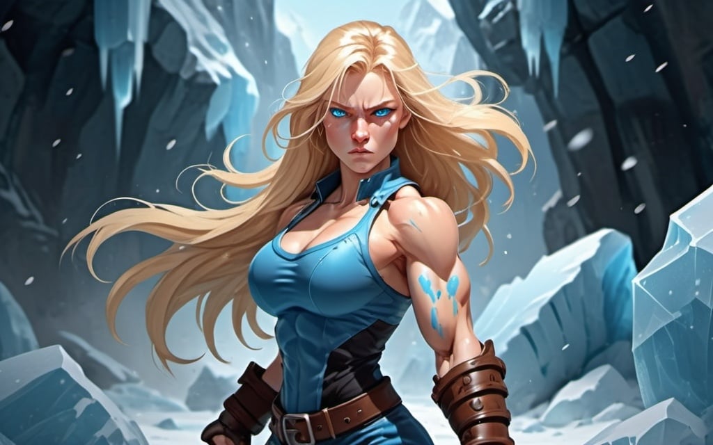 Prompt: Female figure. Greater bicep definition. Sharper, clearer blue eyes. Nosebleed. Long Blonde hair flapping. Frostier, glacier effects. Fierce combat stance. Raging Fists. Icy Knuckles. 