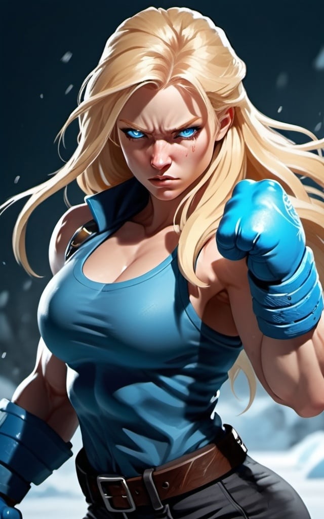 Prompt: Female figure. Greater bicep definition. Sharper, clearer blue eyes. Nosebleed. Long Blonde hair flapping. Frostier, glacier effects. Fierce combat stance. Raging Fists. Icy Knuckles. Wearing Pants. 