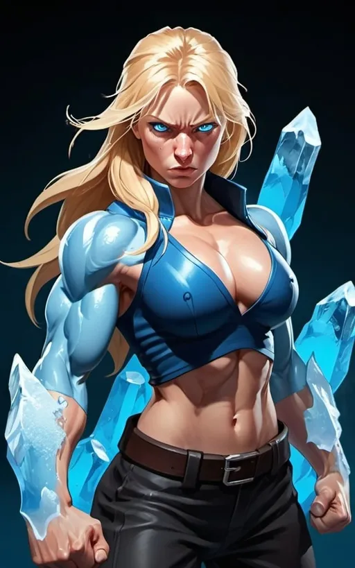 Prompt: Female figure. Greater bicep definition. Sharper, clearer blue eyes. Nosebleed. Long Blonde hair flapping. Frostier, glacier effects. Fierce combat stance. Raging Fists. Icy Knuckles. 