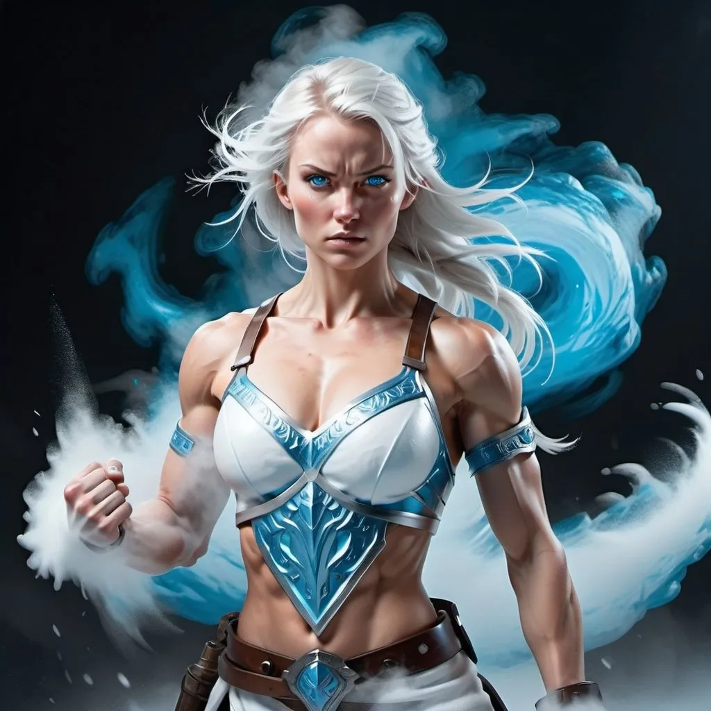 Prompt: Female figure. Greater bicep definition. Sharper, clearer blue eyes.  Frostier, glacier effects. Fierce combat stance. Surrounded by white mist. 