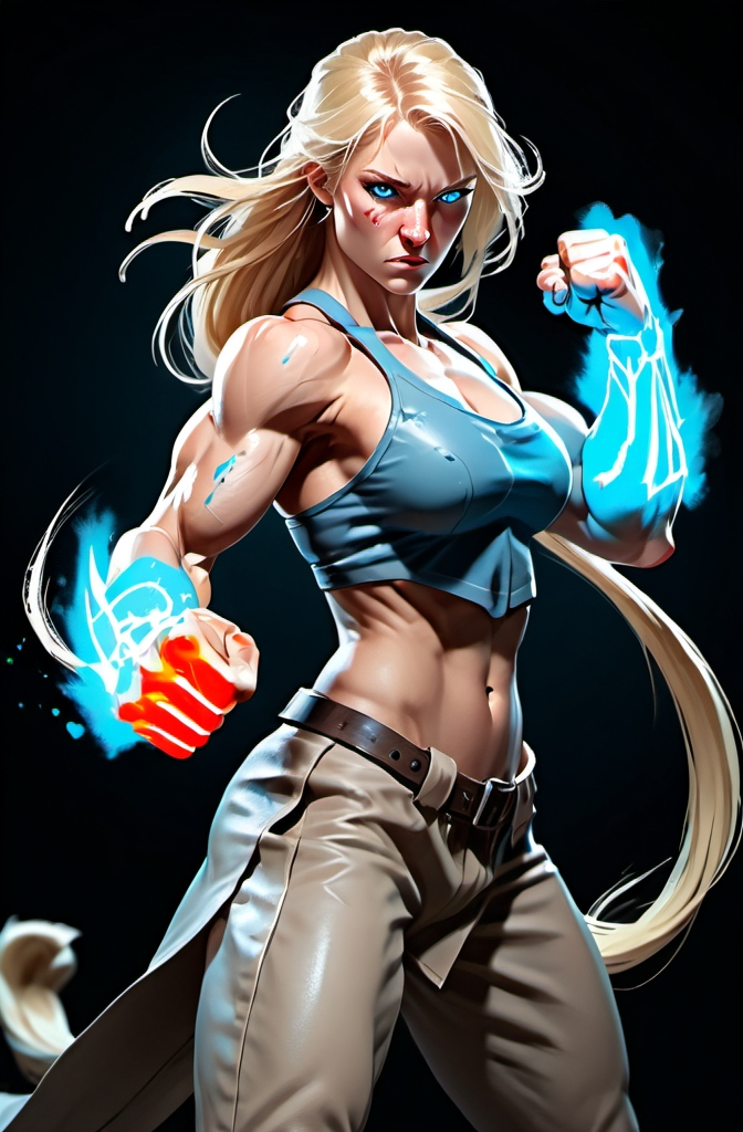 Prompt: Female figure. Greater bicep definition. Sharper, clearer blue eyes. Nosebleed. Long Blonde hair flapping. Frostier, glacier effects. Fierce combat stance. Raging Fists.