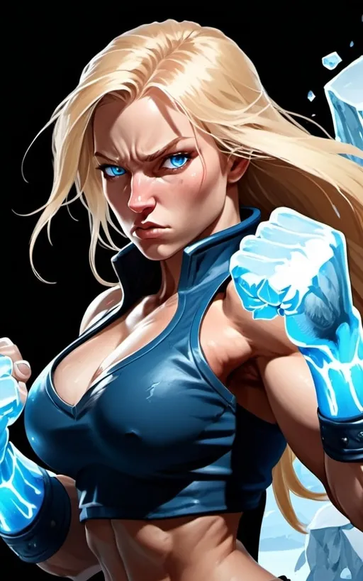 Prompt: Female figure. Greater bicep definition. Sharper, clearer blue eyes. Nosebleed. Long Blonde hair flapping. Frostier, glacier effects. Fierce combat stance. Raging Fists. Icy Knuckles. 