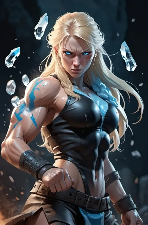 Prompt: Female figure. Greater bicep definition. Sharper, clearer blue eyes. Nosebleed. Long Blonde hair flapping. Frostier, glacier effects. Fierce combat stance. Raging Fists. Icy Knuckles.