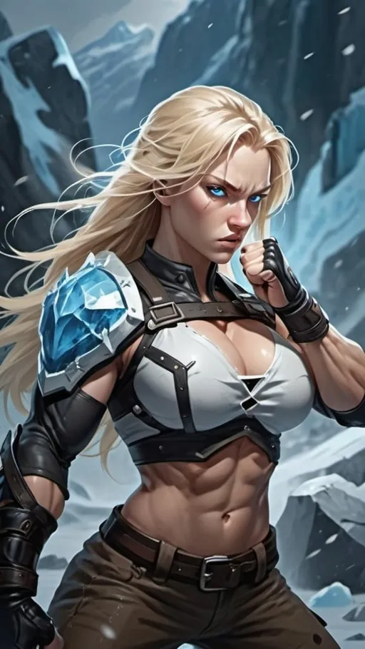 Prompt: Female figure. Greater bicep definition. Sharper, clearer blue eyes. Nosebleed. Long Blonde hair flapping. Frostier, glacier effects. Fierce combat stance. Raging Fists. Icy Knuckles. 