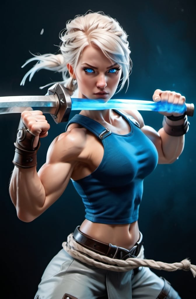 Prompt: Female figure. Greater bicep definition. Sharper, clearer blue eyes.  Frostier, glacier effects.  Fierce combat stance. Raging Fists. 