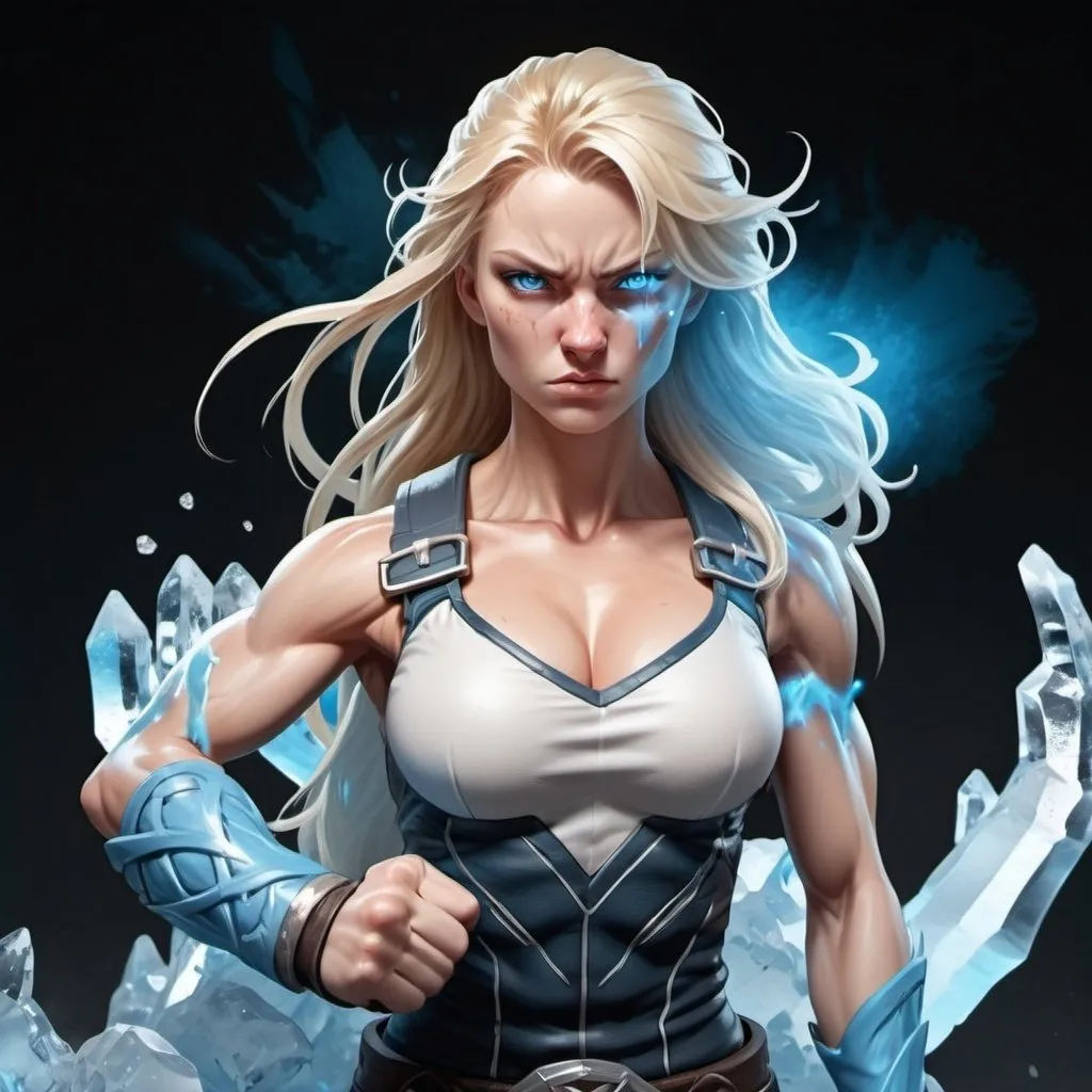 Prompt: Female figure. Greater bicep definition. Sharper, clearer blue eyes. Nosebleed. Long Blonde hair flapping. Frostier, glacier effects. Fierce combat stance. Raging Fists. Icy Knuckles. 