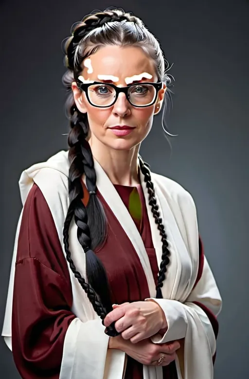Prompt: White woman wearing glasses. Middle-aged. Black braided ponytail. Black robes.