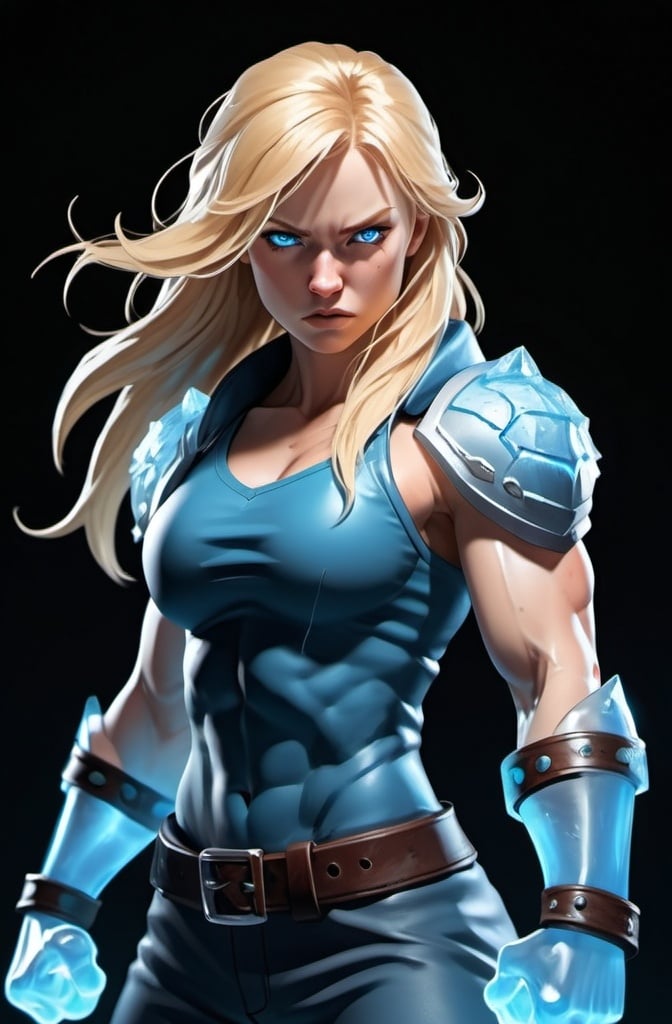 Prompt: Female figure. Greater bicep definition. Sharper, clearer blue eyes. Nosebleed. Long Blonde hair flapping. Frostier, glacier effects. Fierce combat stance. Raging Fists. Icy Knuckles. 