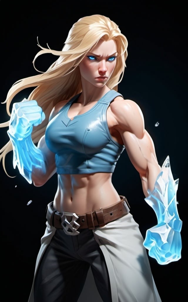 Prompt: Female figure. Greater bicep definition. Sharper, clearer blue eyes. Long Blonde hair flapping. Frostier, glacier effects. Fierce combat stance. Raging Fists. Icy Knuckles.