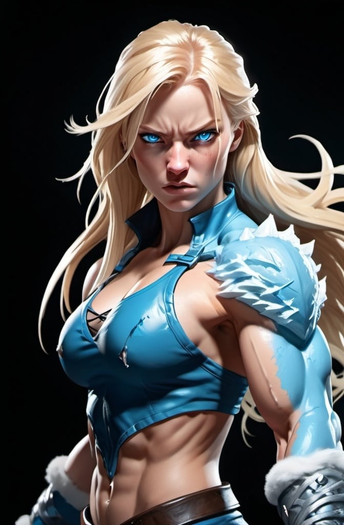 Prompt: Female figure. Greater bicep definition. Sharper, clearer blue eyes. Bleeding. Long Blonde hair flapping. Frostier, glacier effects. Fierce combat stance. Raging Fists. Icy Knuckles.