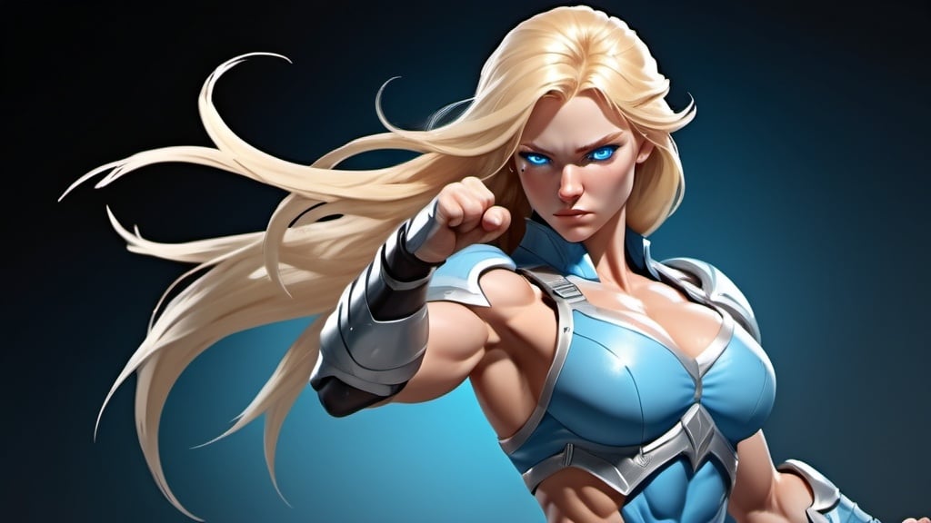 Prompt: Female figure. Greater bicep definition. Sharper, clearer blue eyes. Long Blonde hair flapping. Frostier, glacier effects. Fierce combat stance.