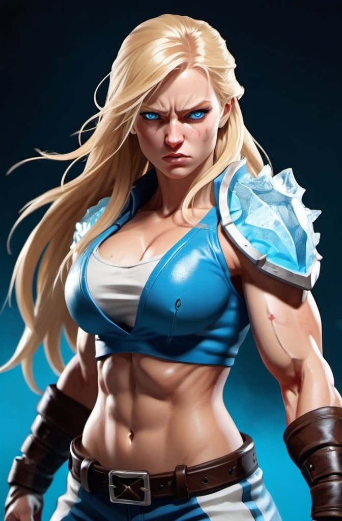 Prompt: Female figure. Greater bicep definition. Sharper, clearer blue eyes. Nosebleed. Long Blonde hair flapping. Frostier, glacier effects. Fierce combat stance. Raging Fists. Icy Knuckles.