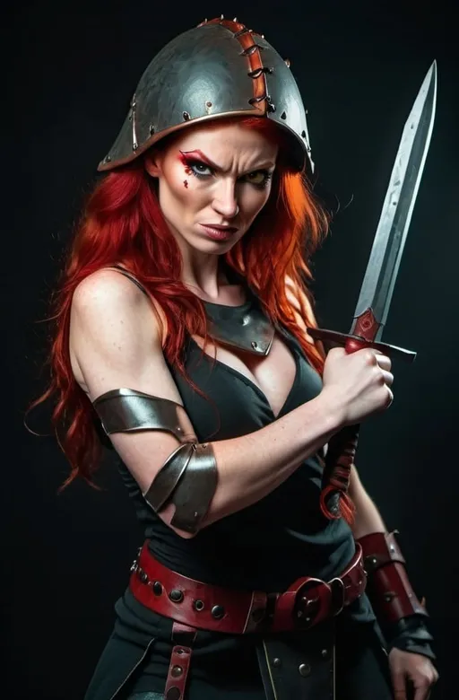 Prompt: Evil red-haired warrior woman with a mischievous smirk. Carmine, red eyes. Fierce combat stance.