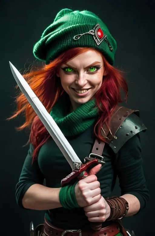 Prompt: Evil red-haired warrior woman, wearing a green beanie and a mischievous smirk. Carries daggers. Red Eyes.  