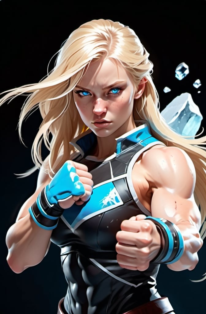 Prompt: Female figure. Greater bicep definition. Sharper, clearer blue eyes. Nosebleed. Long Blonde hair flapping. Frostier, glacier effects. Fierce combat stance. Icy Knuckles.