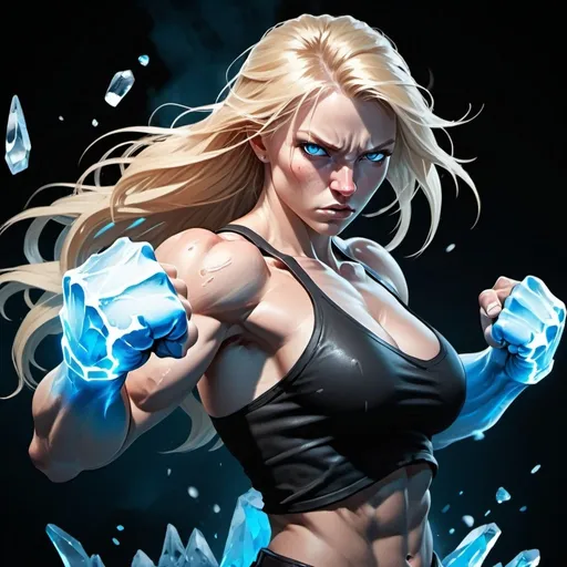 Prompt: Female figure. Greater bicep definition. Sharper, clearer blue eyes. Nosebleed. Long Blonde hair flapping. Frostier, glacier effects. Fierce combat stance. Raging Fists. Icy Knuckles. 