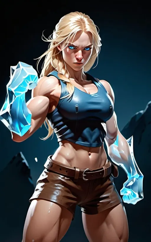 Prompt: Female figure. Greater bicep definition. Sharper, clearer blue eyes. Nosebleed. Long Blonde hair flapping. Frostier, glacier effects. Fierce combat stance. Icy Knuckles. 