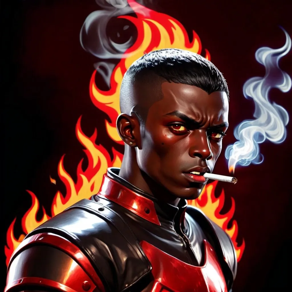 Prompt: Male Figure. Small. Short black hair. Dark skin. Dark eyes. Psychotic. Clean shaven. Wearing a red armored suit. Cigarette in mouth. Enraged Fiery hands. Flames in the background. 