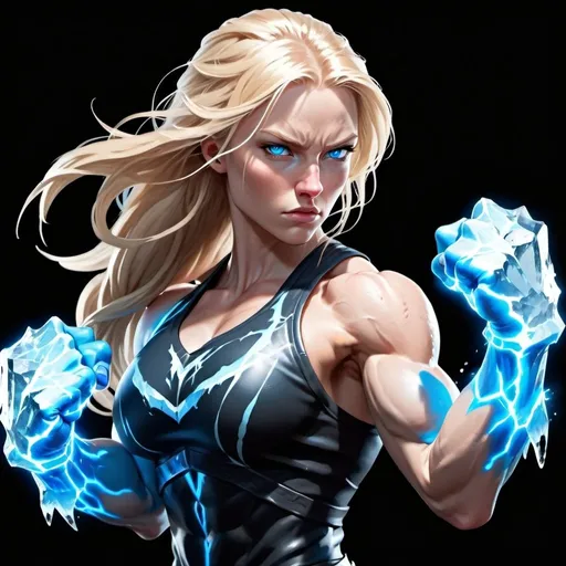 Prompt: Female figure. Greater bicep definition. Sharper, clearer blue eyes. Long Blonde hair flapping. Frostier, glacier effects. Fierce combat stance. Icy Knuckles. Raging Fists.