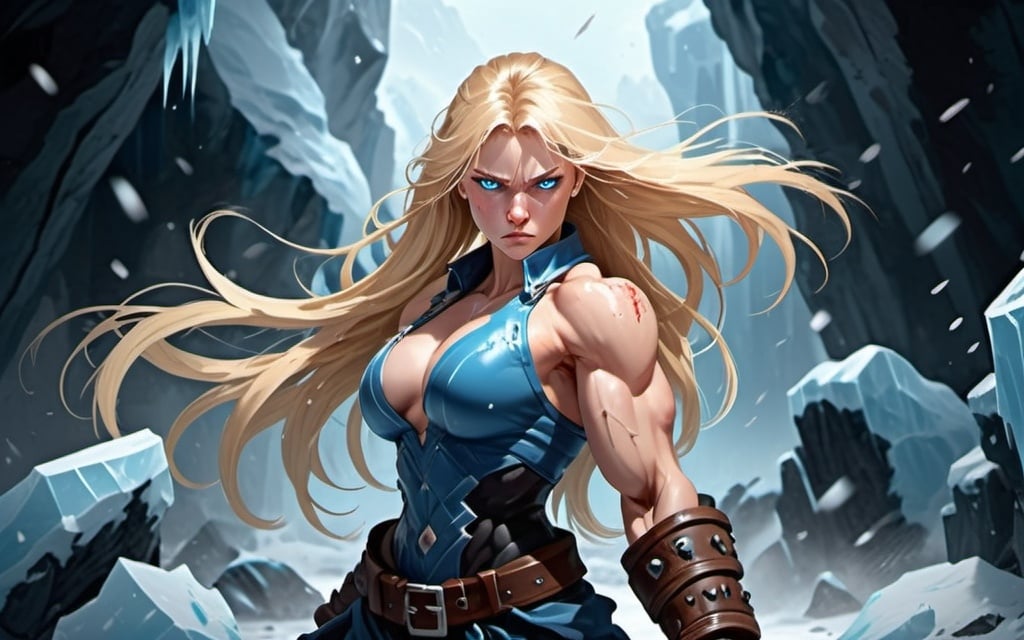 Prompt: Female figure. Greater bicep definition. Sharper, clearer blue eyes. Nosebleed. Long Blonde hair flapping. Frostier, glacier effects. Fierce combat stance. Raging Fists. Icy Knuckles. 