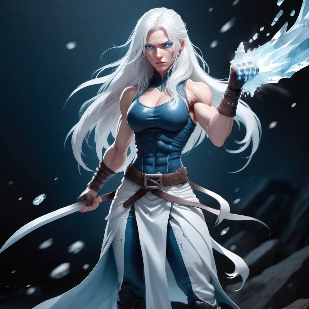 Prompt:  Female figure. Greater bicep definition. Sharper, clearer blue eyes. Nosebleed. Long White hair flapping. Frostier, glacier effects. Fierce combat stance. Raging Fists. Icy Knuckles. Pale Skin. 