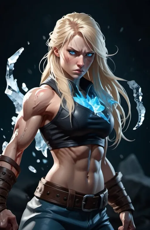 Prompt: Female figure. Greater bicep definition. Sharper, clearer blue eyes. Bleeding. Long Blonde hair flapping. Frostier, glacier effects. Fierce combat stance. Raging Fists. Icy Knuckles.