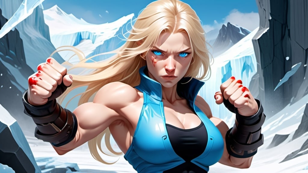 Prompt: Female figure. Greater bicep definition. Sharper, clearer blue eyes. Nosebleed. Long Blonde hair flapping. Frostier, glacier effects. Fierce combat stance. Raging Fists. Icy Knuckles.